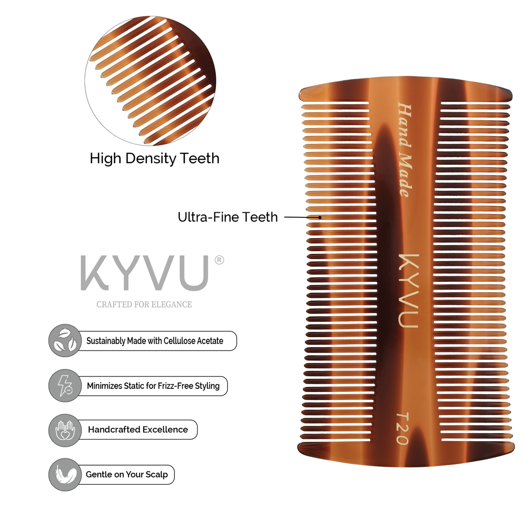 KYVU T20 tortoiseshell micro-tooth comb specifications — 9.4 cm, 14 g, cellulose acetate, fine teeth