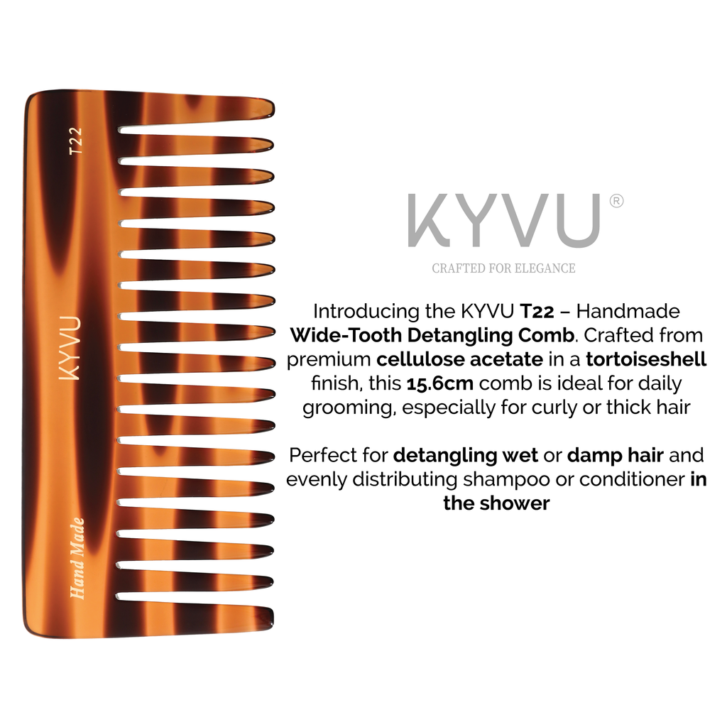 KYVU T22 wide-tooth comb size guide — 15.6 cm length, 6 cm width, 0.45 cm thickness