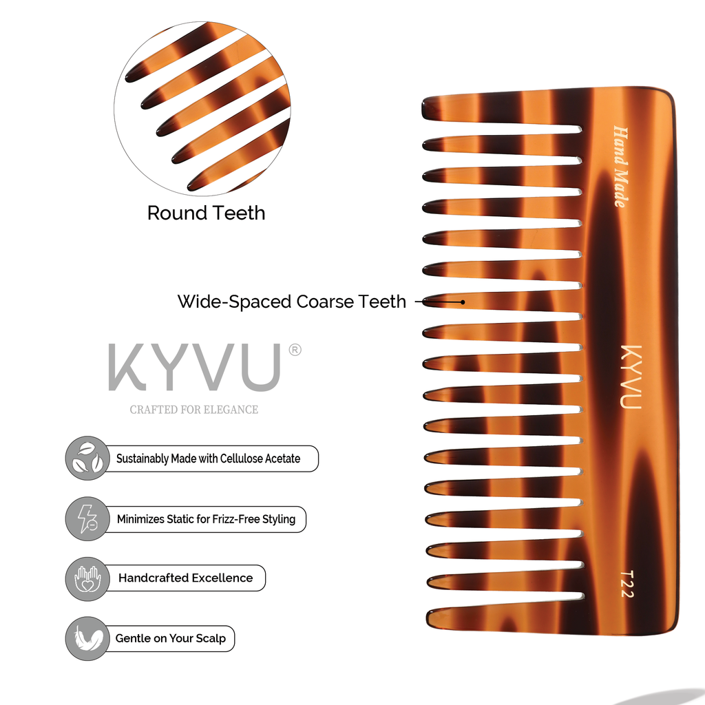 T22 tortoiseshell acetate comb showing wide-spaced teeth with hand-rounded tips