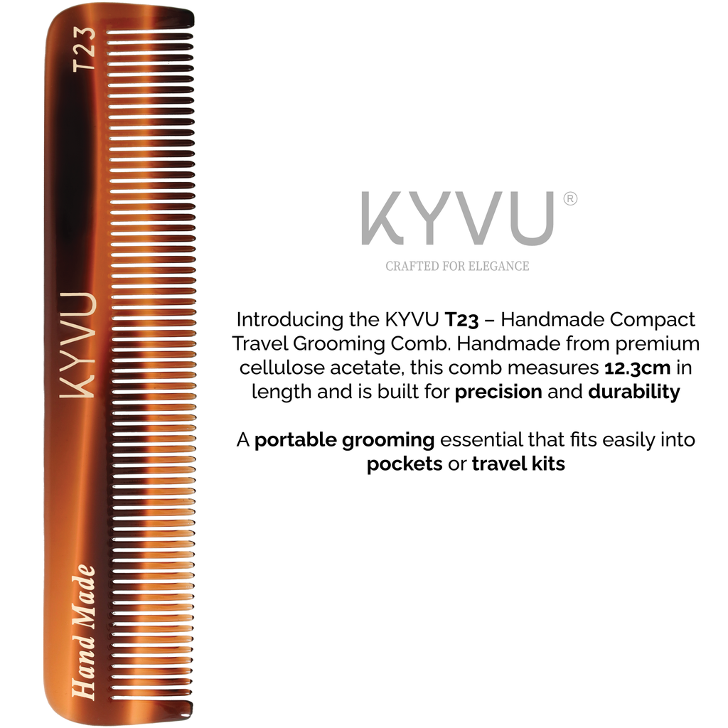 KYVU T23 tortoiseshell pocket comb size guide — 12.3 cm length, 2.1 cm width, 0.375 cm thickness