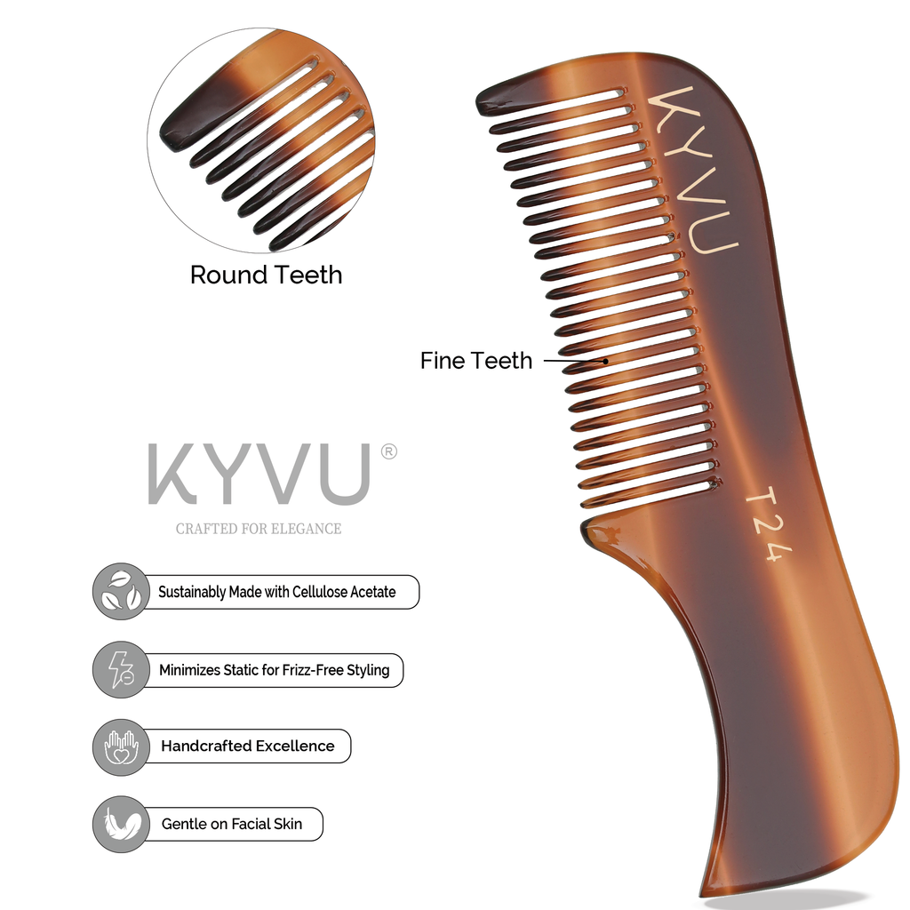 T24 tortoiseshell acetate beard comb showing closely-spaced fine teeth with hand-rounded tips