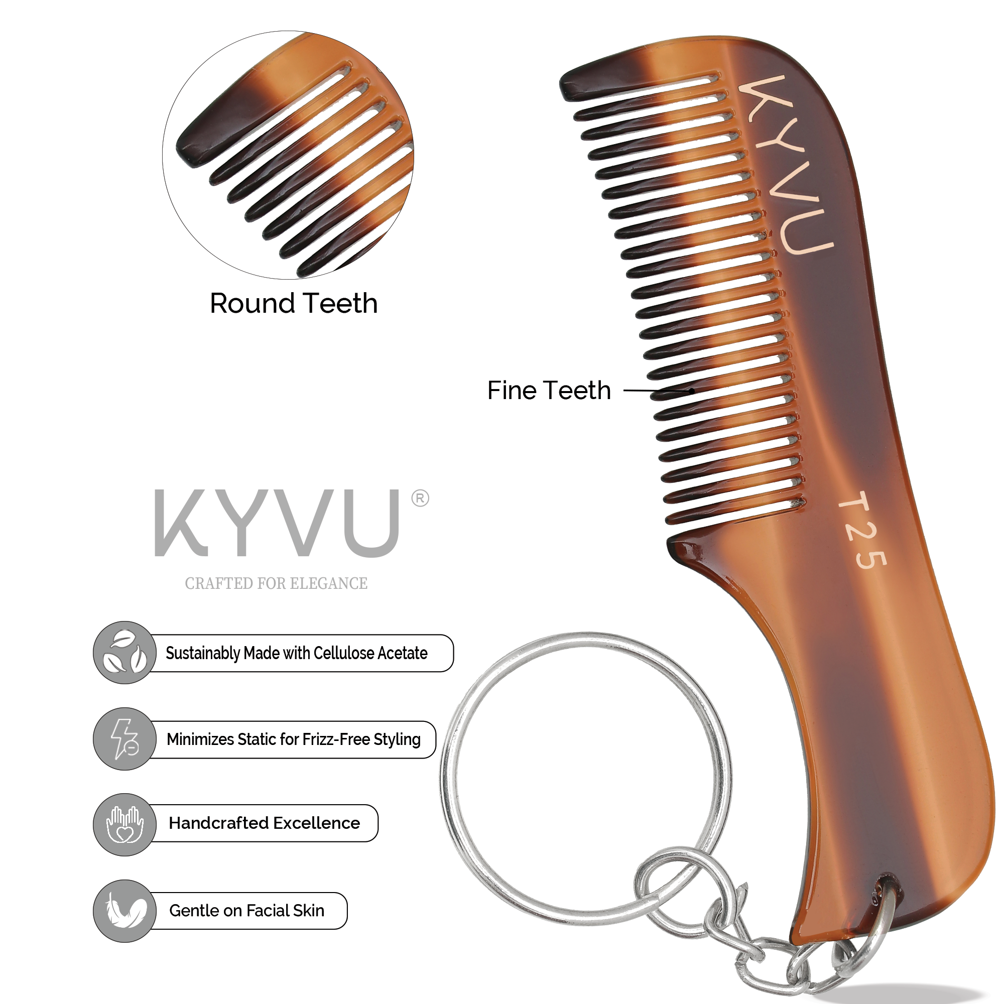 T25 tortoiseshell acetate beard comb showing integrated keyring and fine hand-rounded teeth
