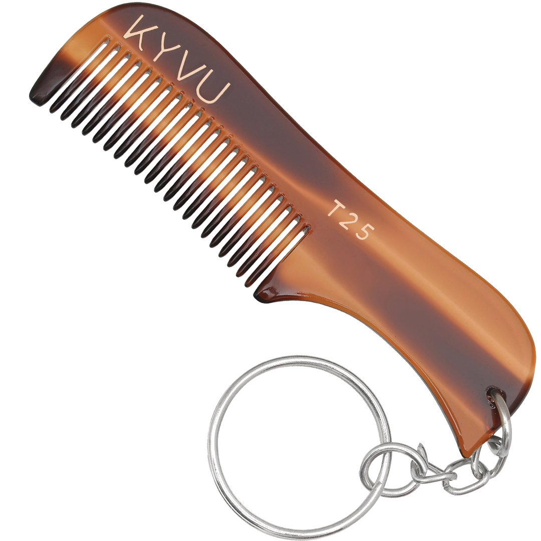 KYVU T25 handmade tortoiseshell beard and moustache comb with keyring in cellulose acetate, fine-tooth, for men