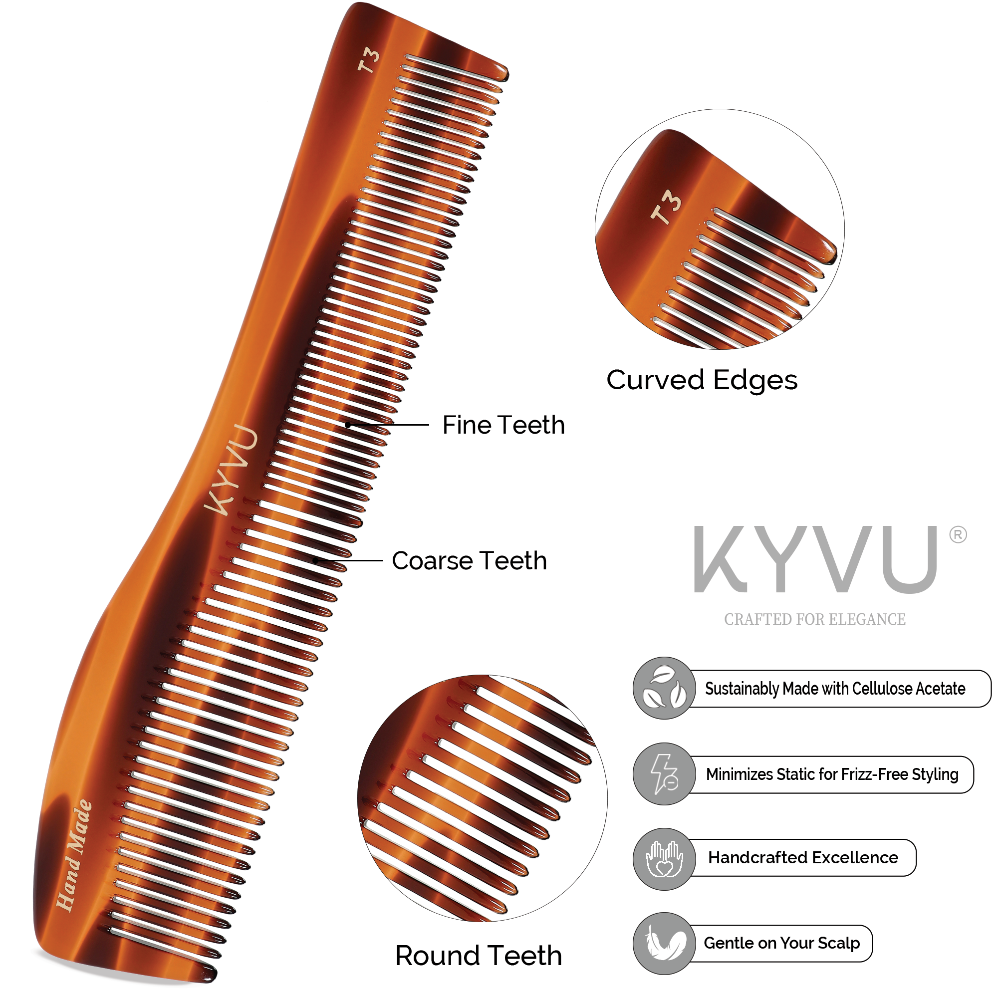 T3 tortoiseshell acetate comb showing coarse teeth on one side and fine teeth on the other, with rounded tips