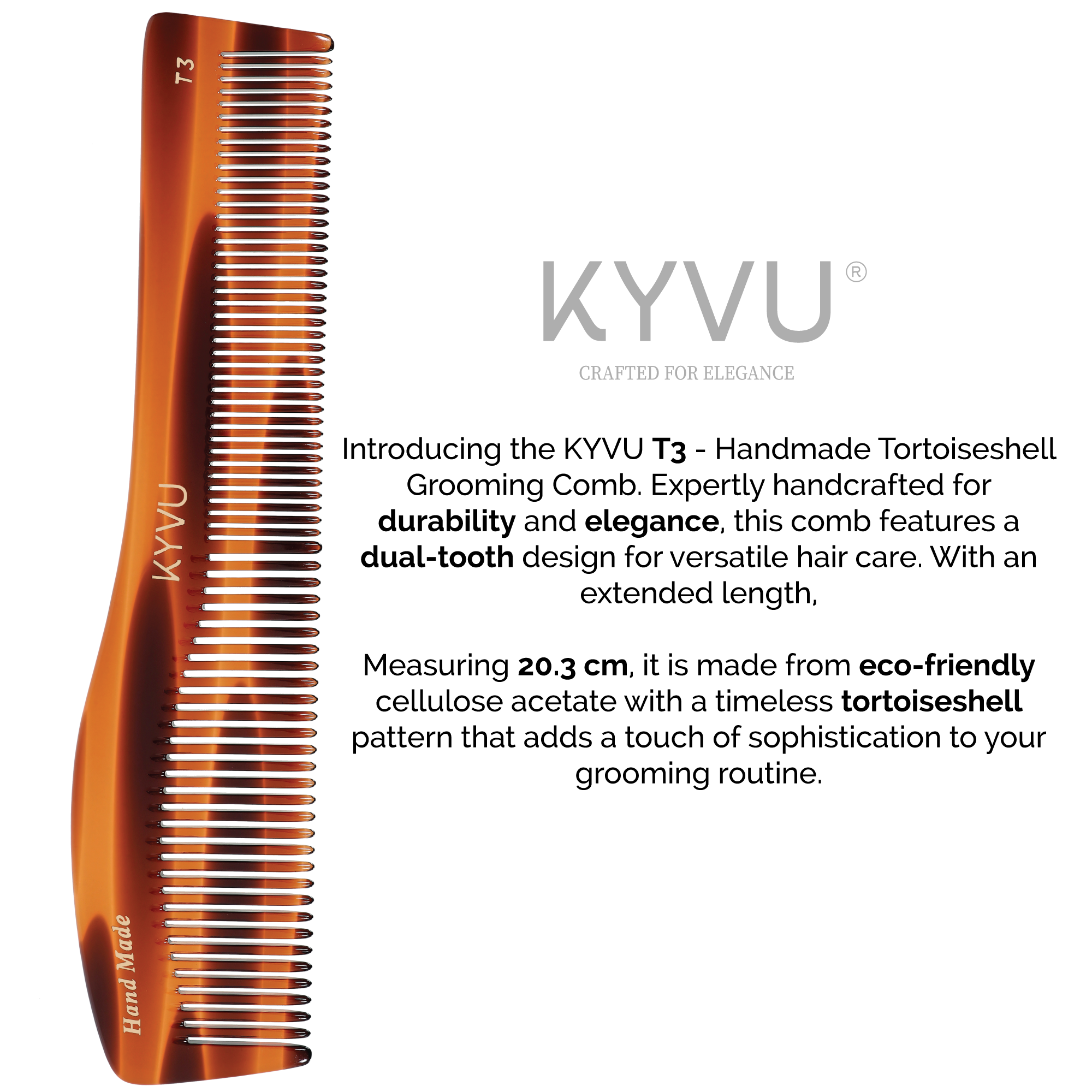 KYVU T3 dual-tooth comb size guide — 20.3 cm length, 4.4 cm width, 0.375 cm thickness