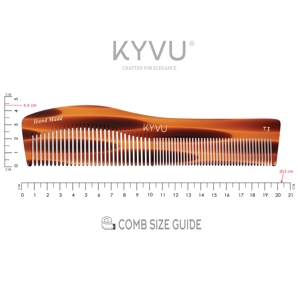 KYVU T3 tortoiseshell dual-tooth detangling comb specifications — 20.3 cm, 26 g, cellulose acetate, fine and coarse teeth