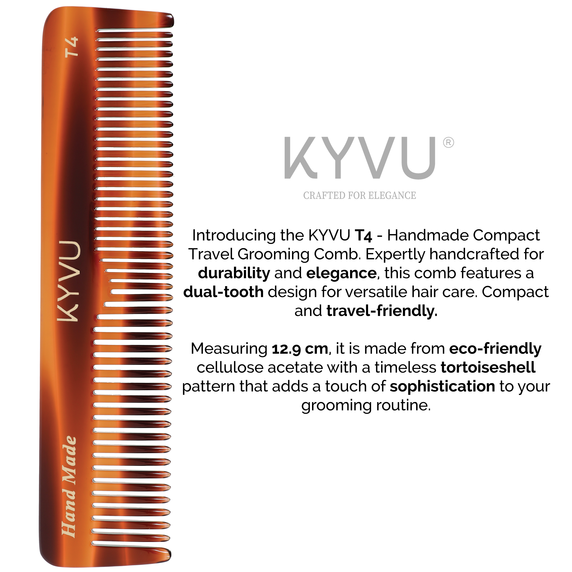 KYVU T4 tortoiseshell pocket comb size guide — 12.9 cm length, 3.1 cm width, 0.325 cm thickness
