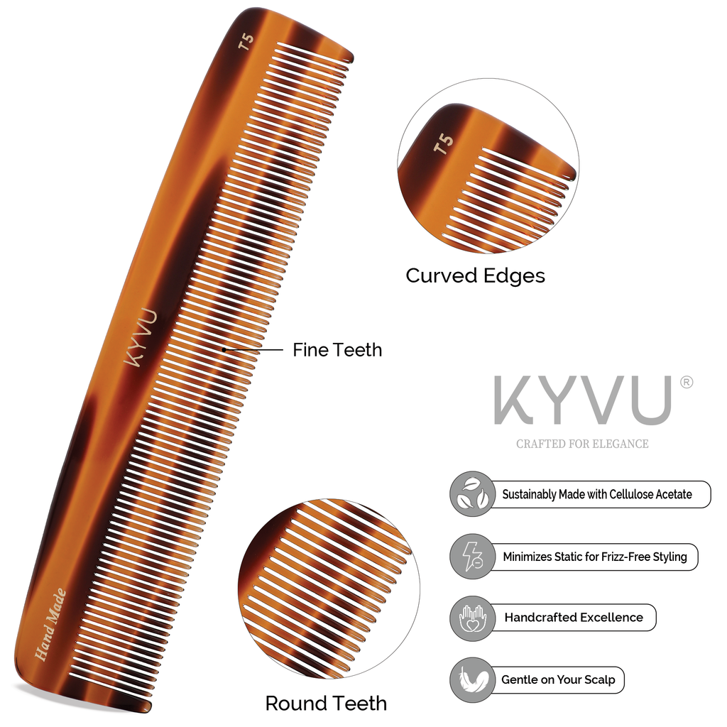 T5 tortoiseshell acetate comb showing closely-spaced fine teeth with hand-rounded tips