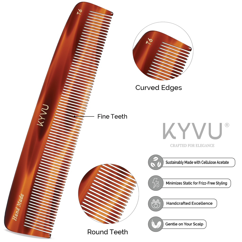 T6 tortoiseshell acetate comb showing closely-spaced fine teeth with hand-rounded tips
