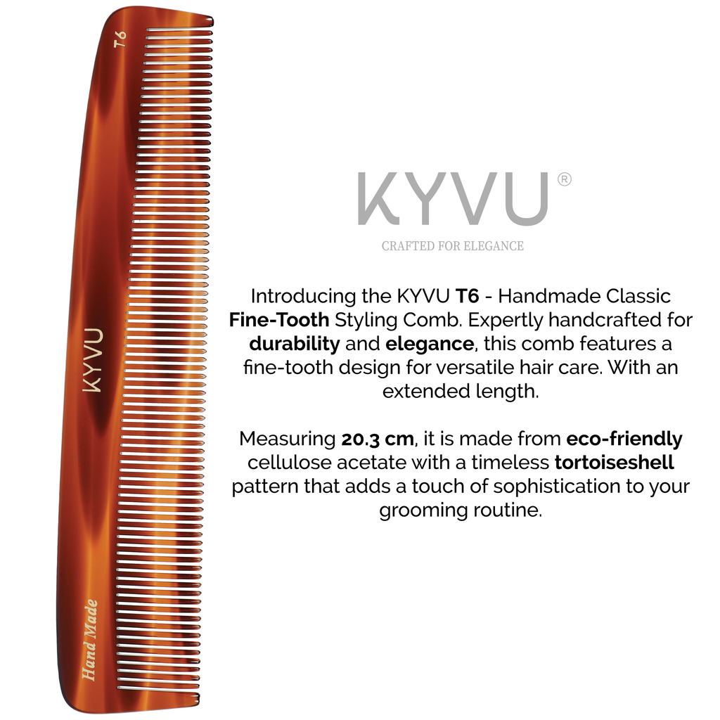 KYVU T6 fine-tooth comb size guide — 20.3 cm length, 4 cm width, 0.375 cm thickness