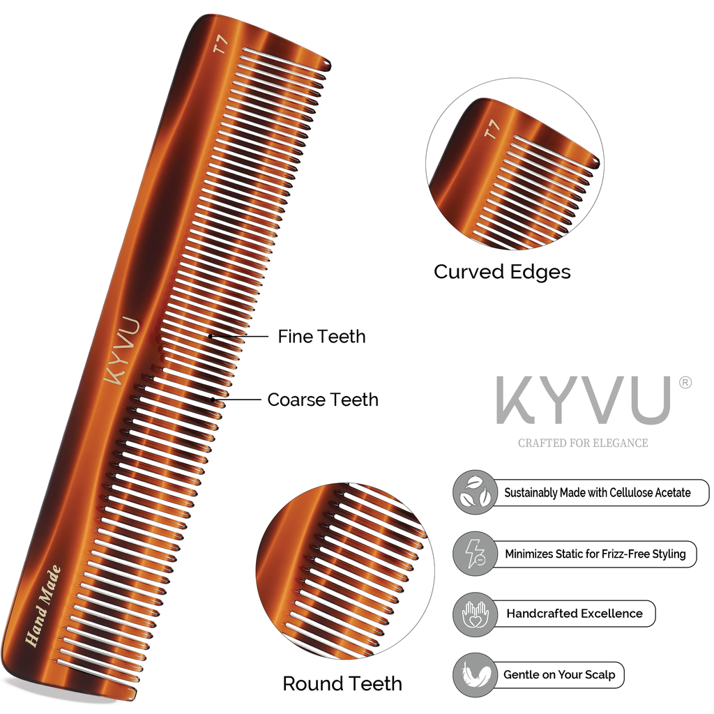 T7 tortoiseshell acetate comb showing fine teeth on one side and coarse teeth on the other, with rounded tips