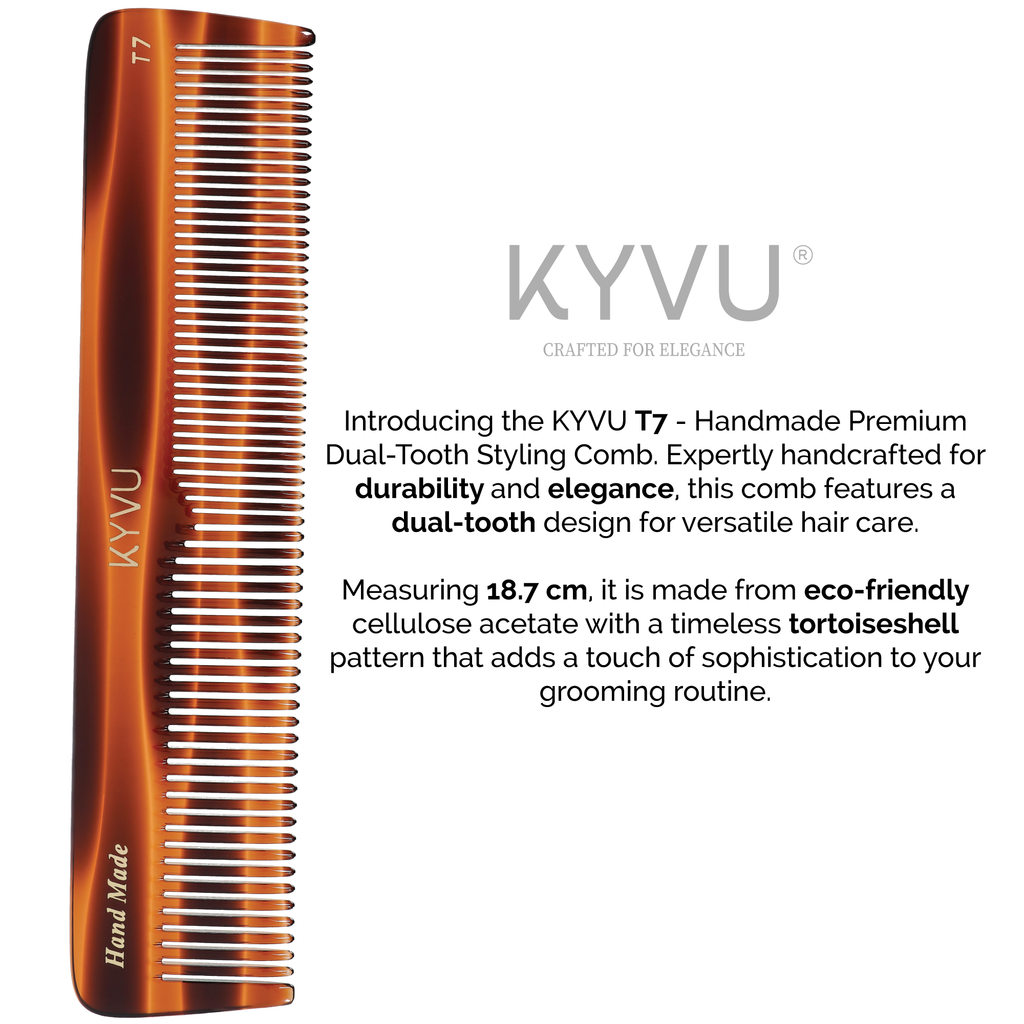 KYVU T7 dual-tooth comb size guide — 18.7 cm length, 3.8 cm width, 0.375 cm thickness