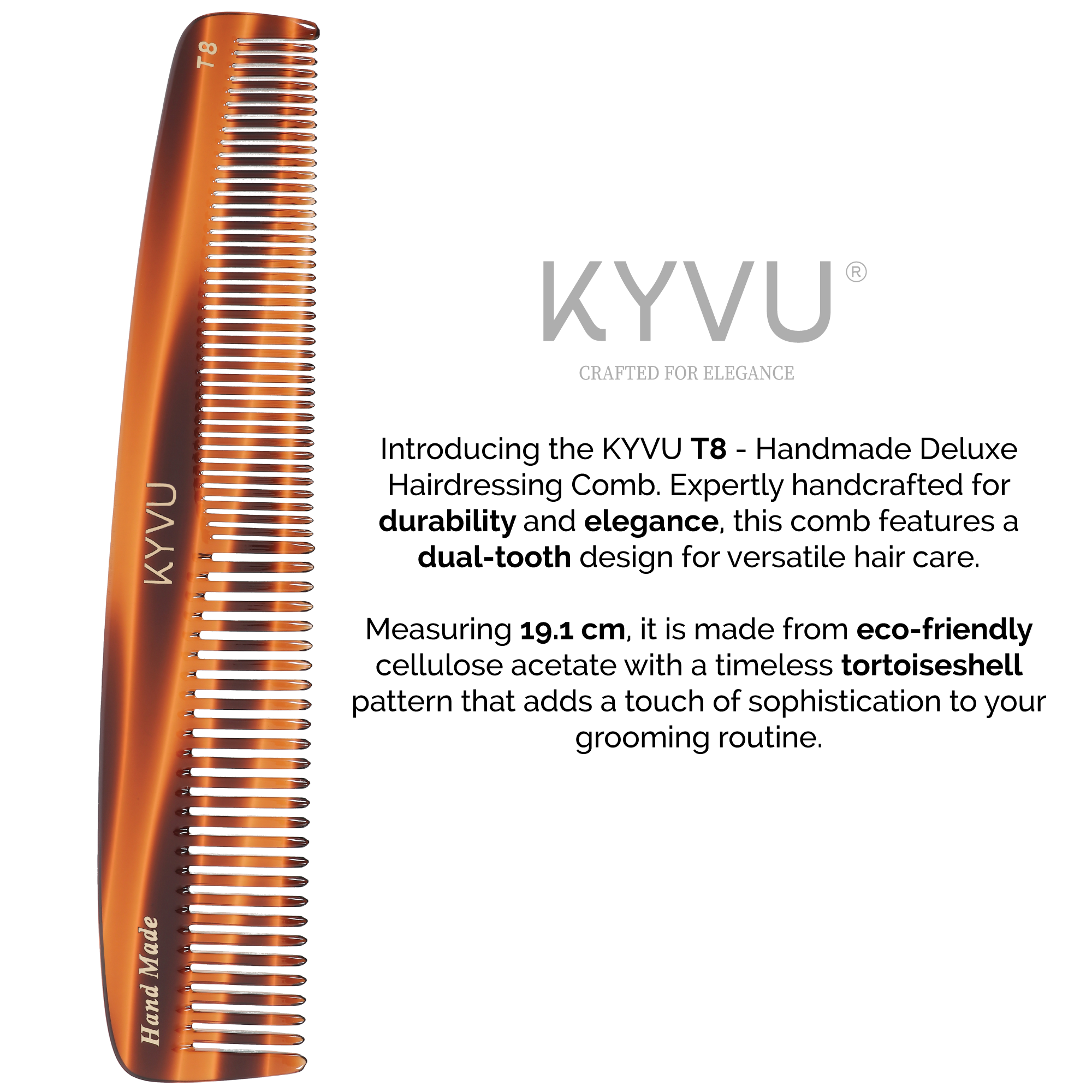 KYVU T8 dual-tooth comb size guide — 19.1 cm length, 3.7 cm width, 0.375 cm thickness