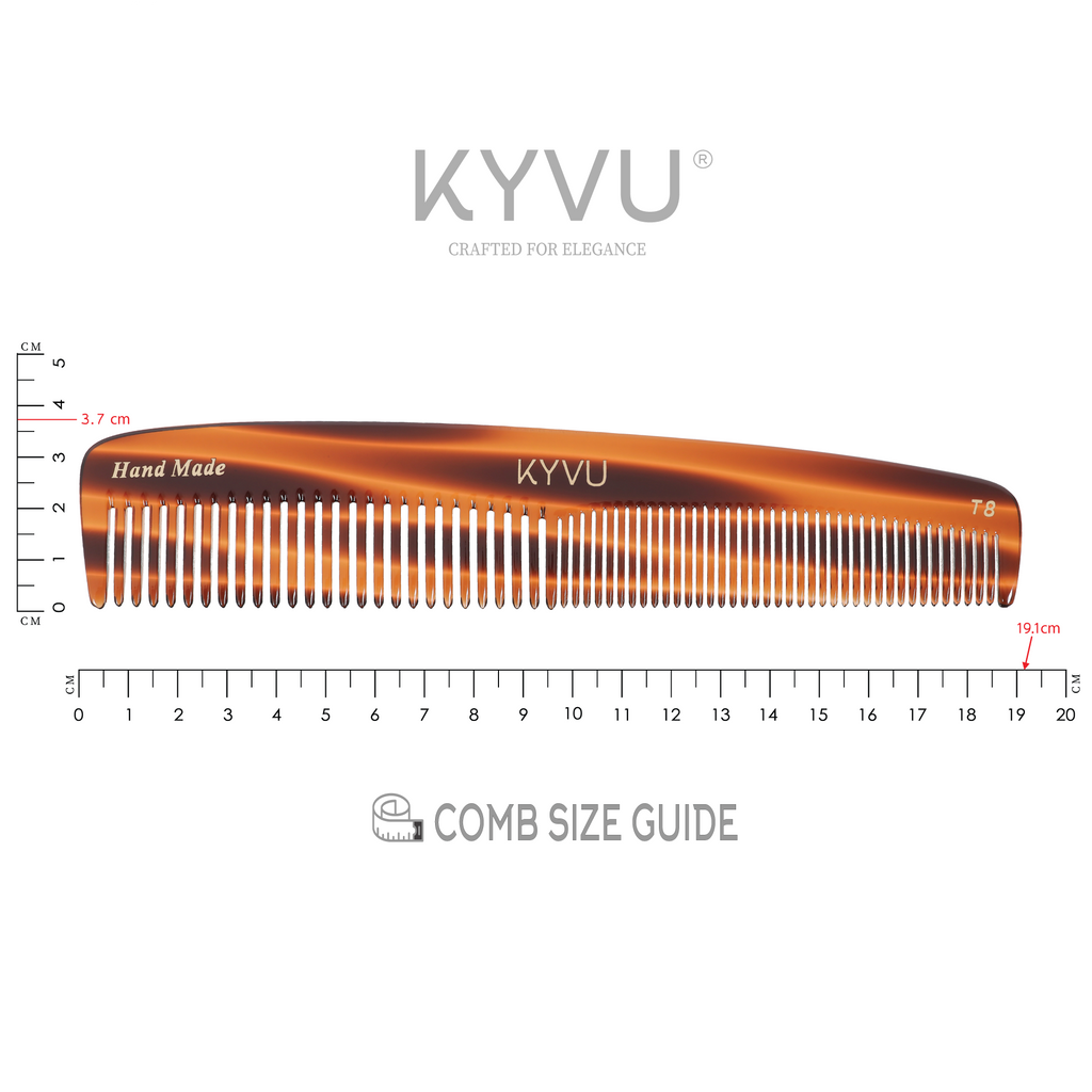 KYVU T8 slim tortoiseshell dual-tooth comb specifications — 19.1 cm, 22 g, cellulose acetate, fine and coarse teeth
