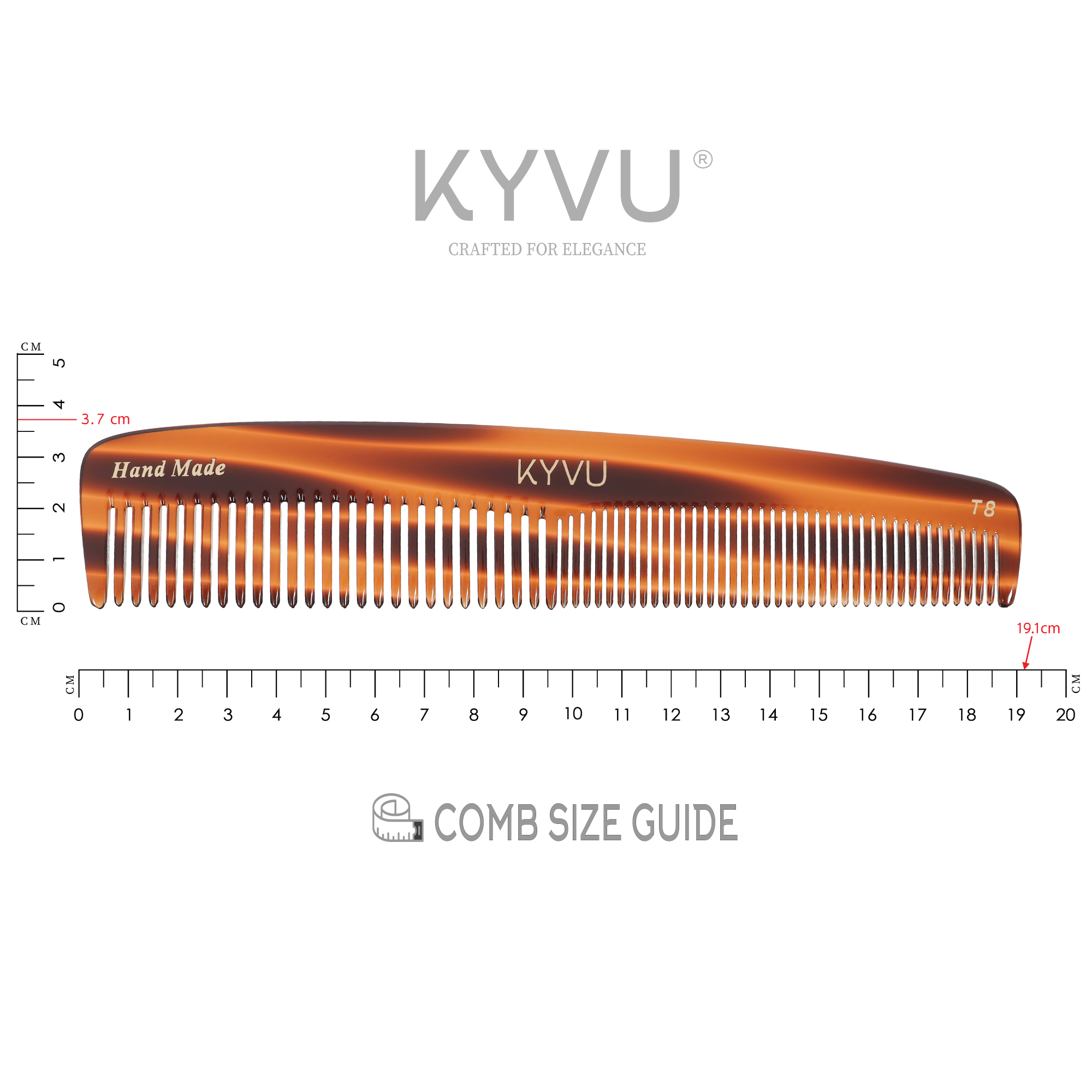 KYVU T8 slim tortoiseshell dual-tooth comb specifications — 19.1 cm, 22 g, cellulose acetate, fine and coarse teeth