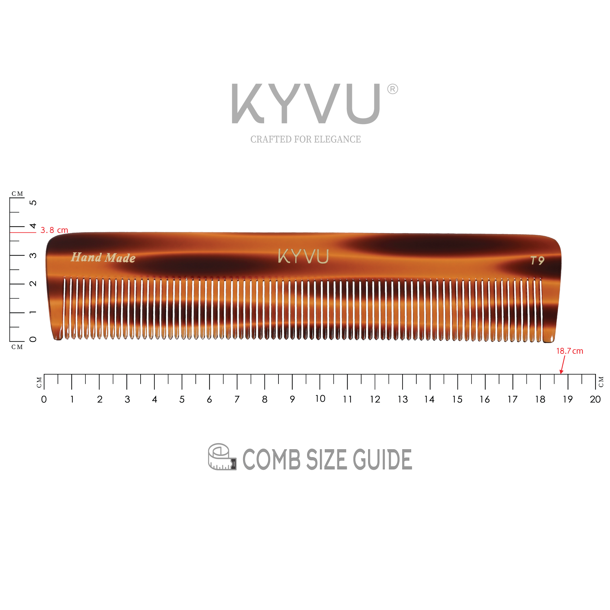 KYVU T9 tortoiseshell fine-tooth comb specifications — 18.7 cm, 26 g, cellulose acetate, fine teeth