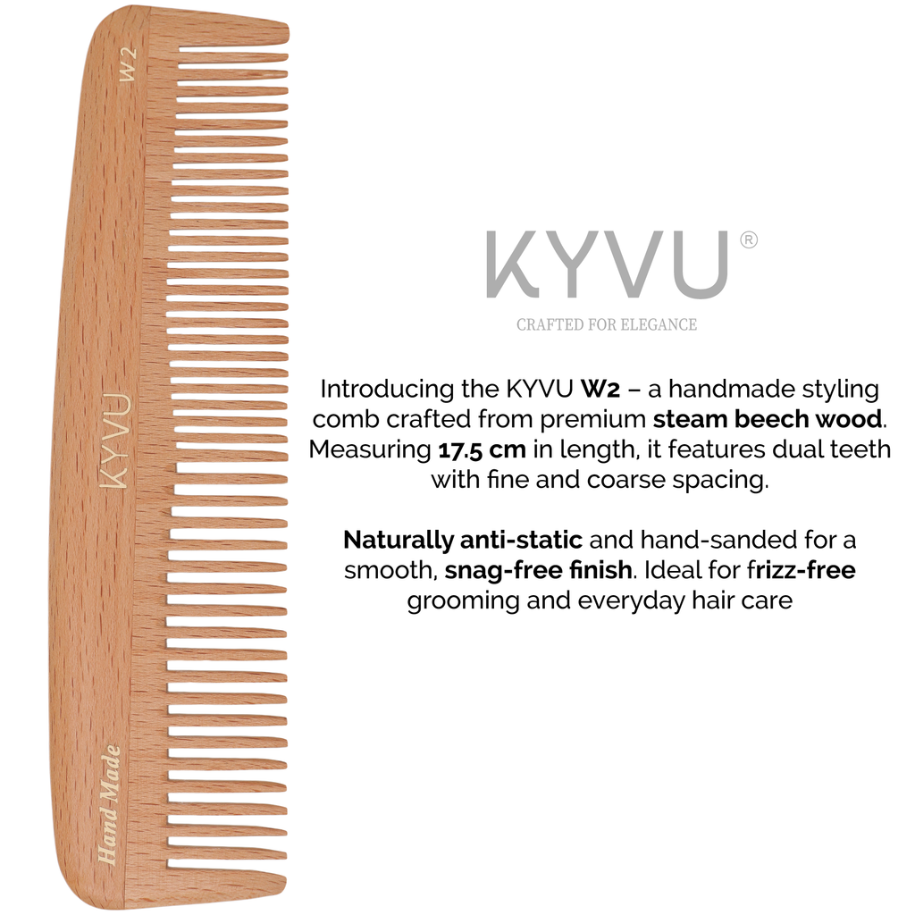 W2 steam beech dual-tooth comb specifications — 17.5 cm, 19 g, fine and coarse teeth, all hair types