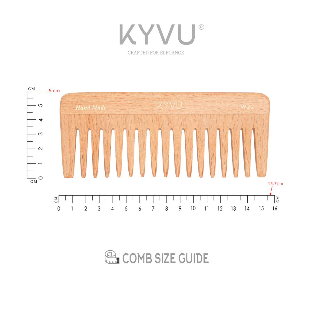 KYVU W22 wide-tooth comb size guide — 15.7 cm length, 6 cm width, 0.6 cm thickness