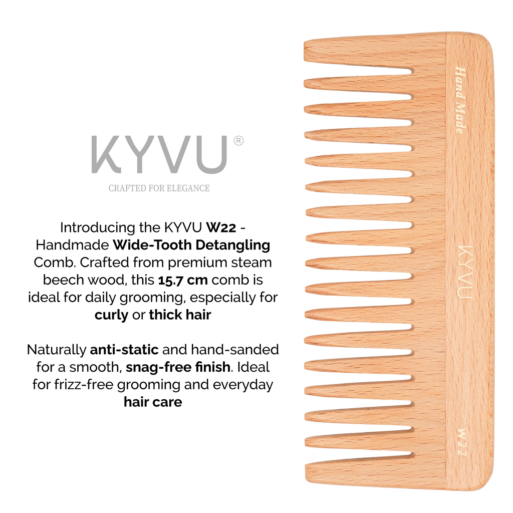 KYVU W22 wooden wide-tooth detangling comb specifications — 15.7 cm, 28 g, steam beech, wide teeth