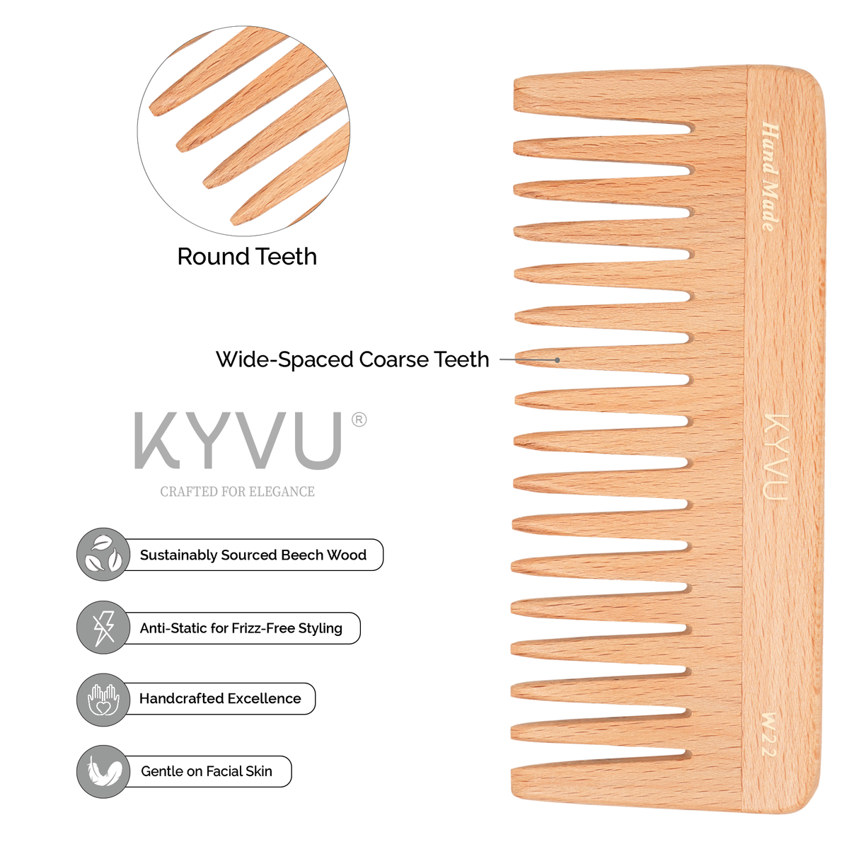 W22 steam beech comb showing wide-spaced teeth with hand-rounded tips