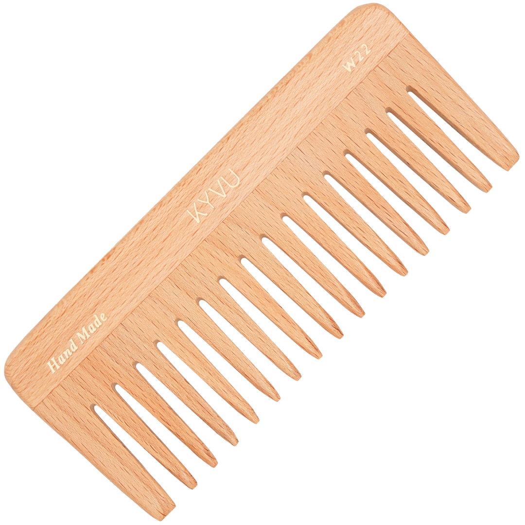 KYVU W22 handmade wooden wide-tooth detangling comb in steam beech, broad body, for curly and thick hair