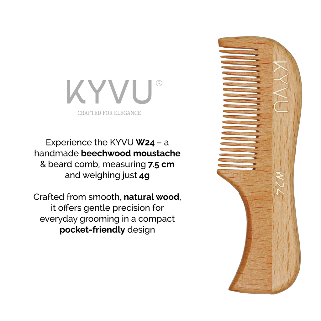 KYVU W24 wooden beard comb size guide — 7.5 cm length, 2.4 cm width, 0.5 cm thickness