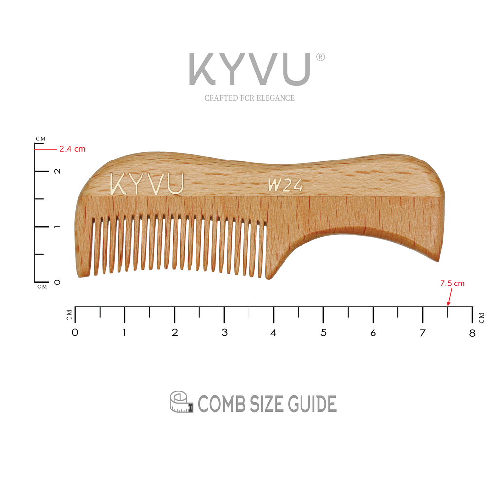 KYVU W24 wooden beard and moustache comb specifications — 7.5 cm, 4 g, untreated beechwood, fine teeth