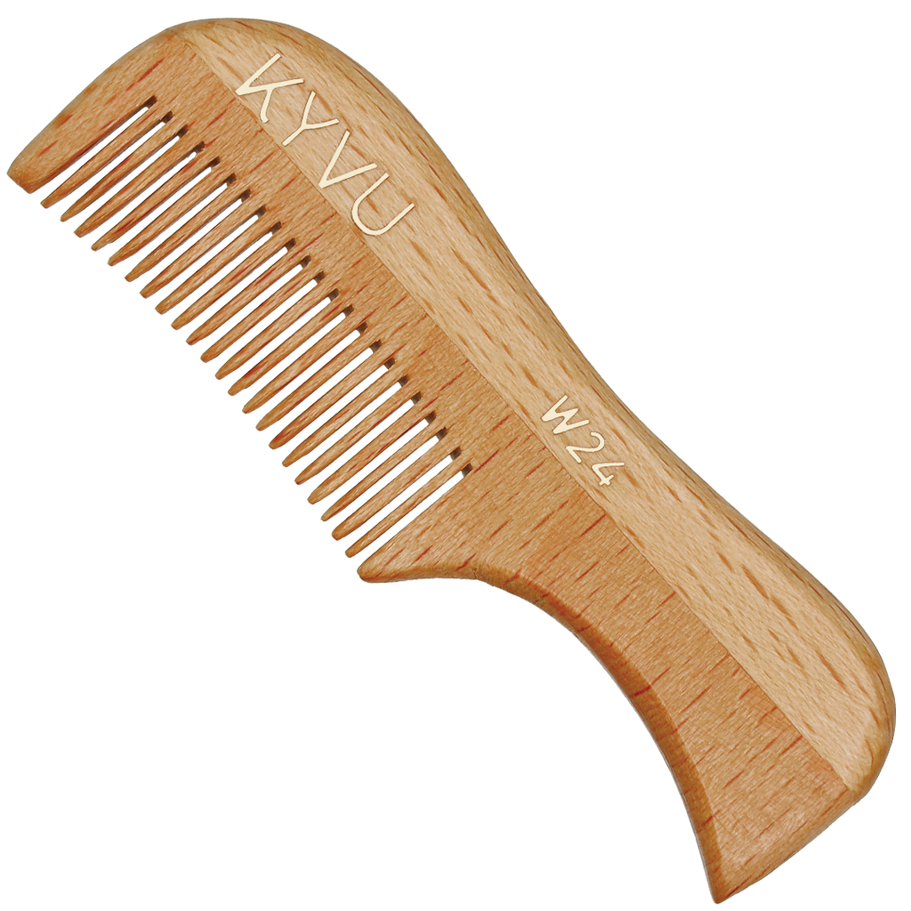 KYVU W24 handmade wooden beard and moustache comb in natural beechwood, fine-tooth, pocket size, for men