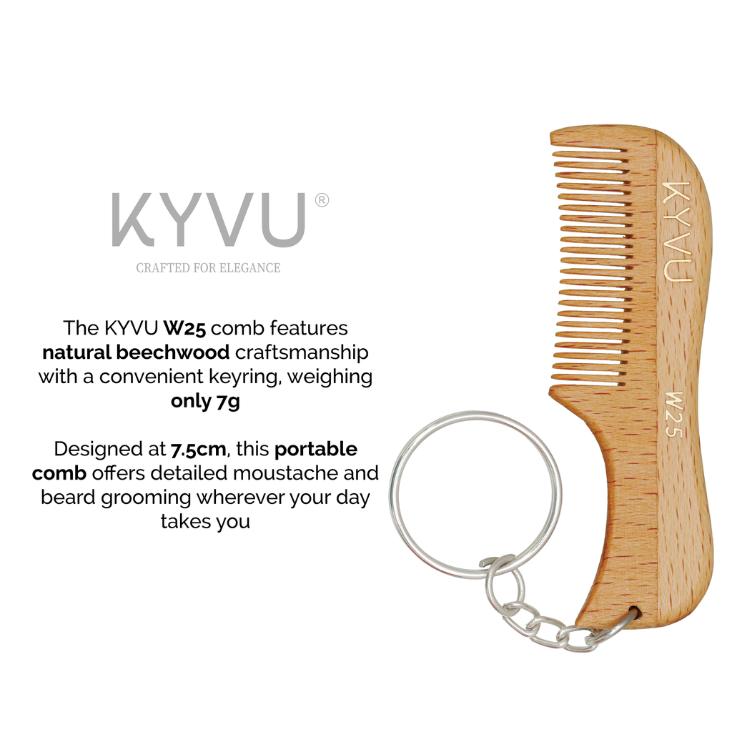 KYVU W25 wooden beard comb size guide — 7.5 cm length, 2.4 cm width, 0.5 cm thickness