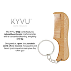 KYVU W25 wooden beard comb size guide — 7.5 cm length, 2.4 cm width, 0.5 cm thickness