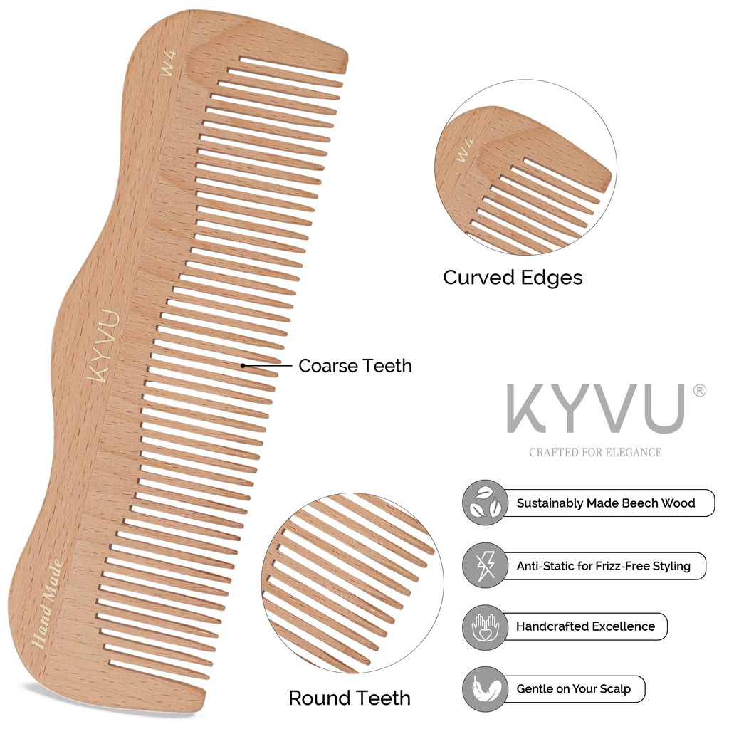 W4 wooden comb showing wide-spaced coarse teeth with hand-rounded tips
