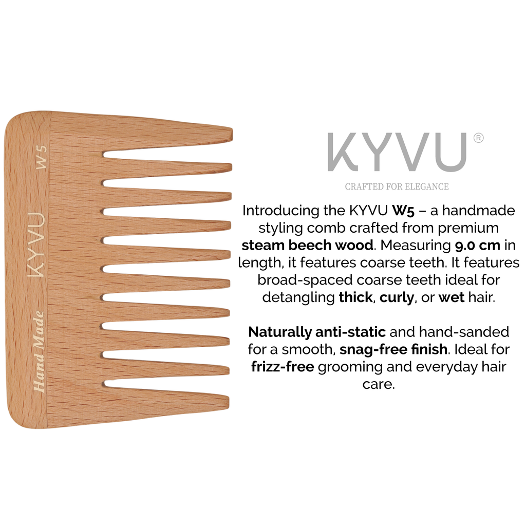 W5 wooden wide-tooth comb size guide — 9 cm length, 6.5 cm width, 0.55 cm thickness
