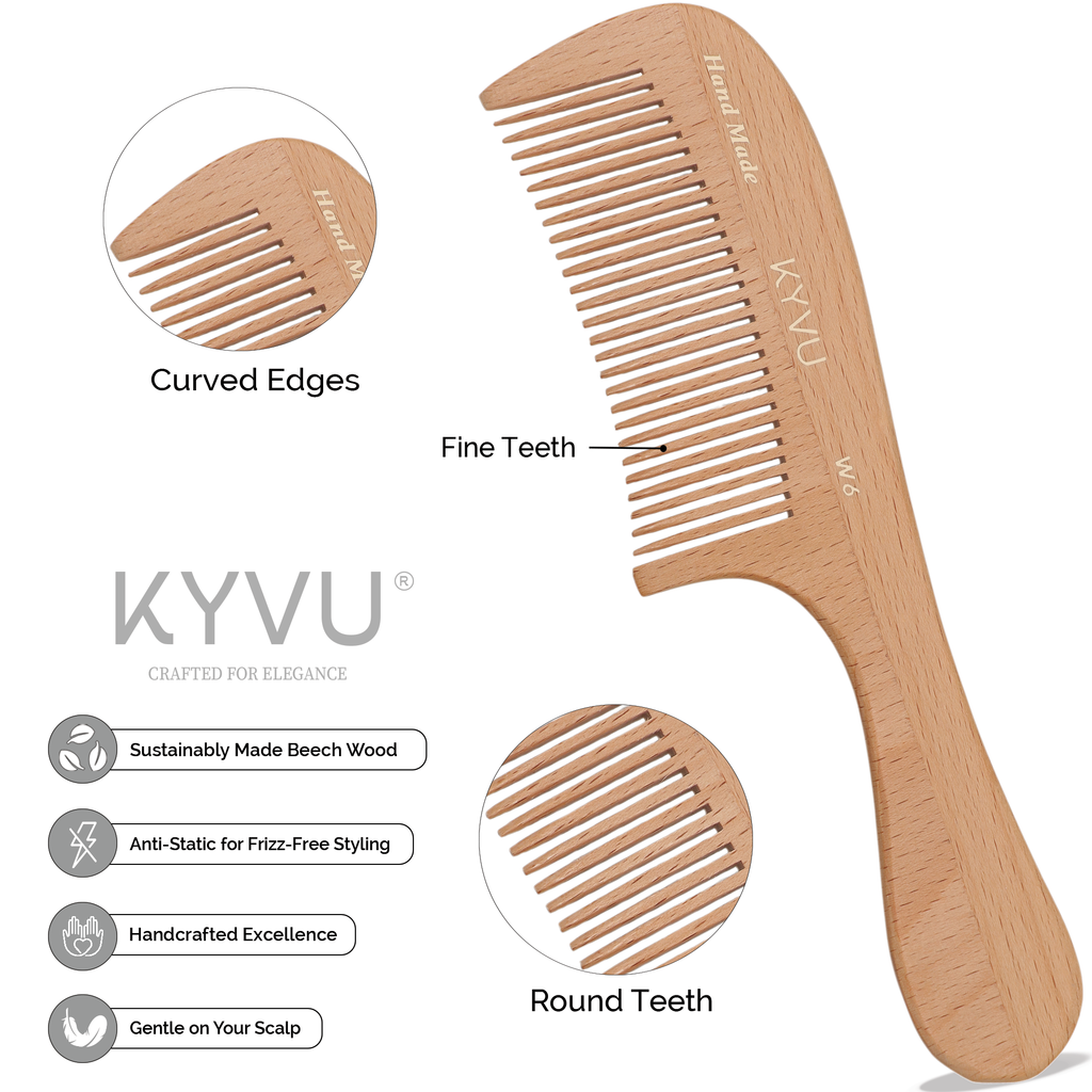 KYVU W6 beech wood comb handle close-up showing ergonomic contour