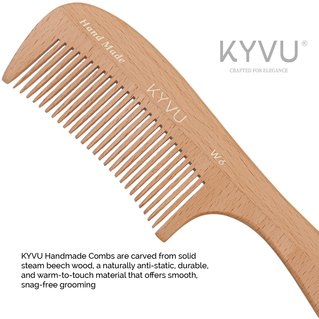 W6 wooden comb showing fine-tooth detail and natural beech grain
