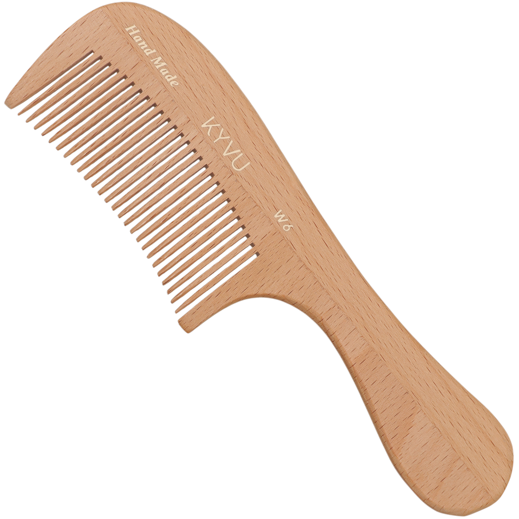 KYVU W6 handmade fine-tooth wooden comb with handle in steam beech wood, 19 cm length